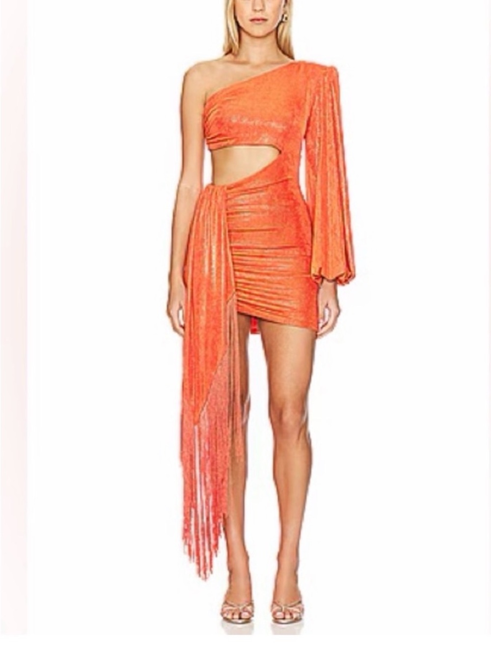 NADINE MERABI One-Shoulder Orange Cutout Fringe Mini Dress